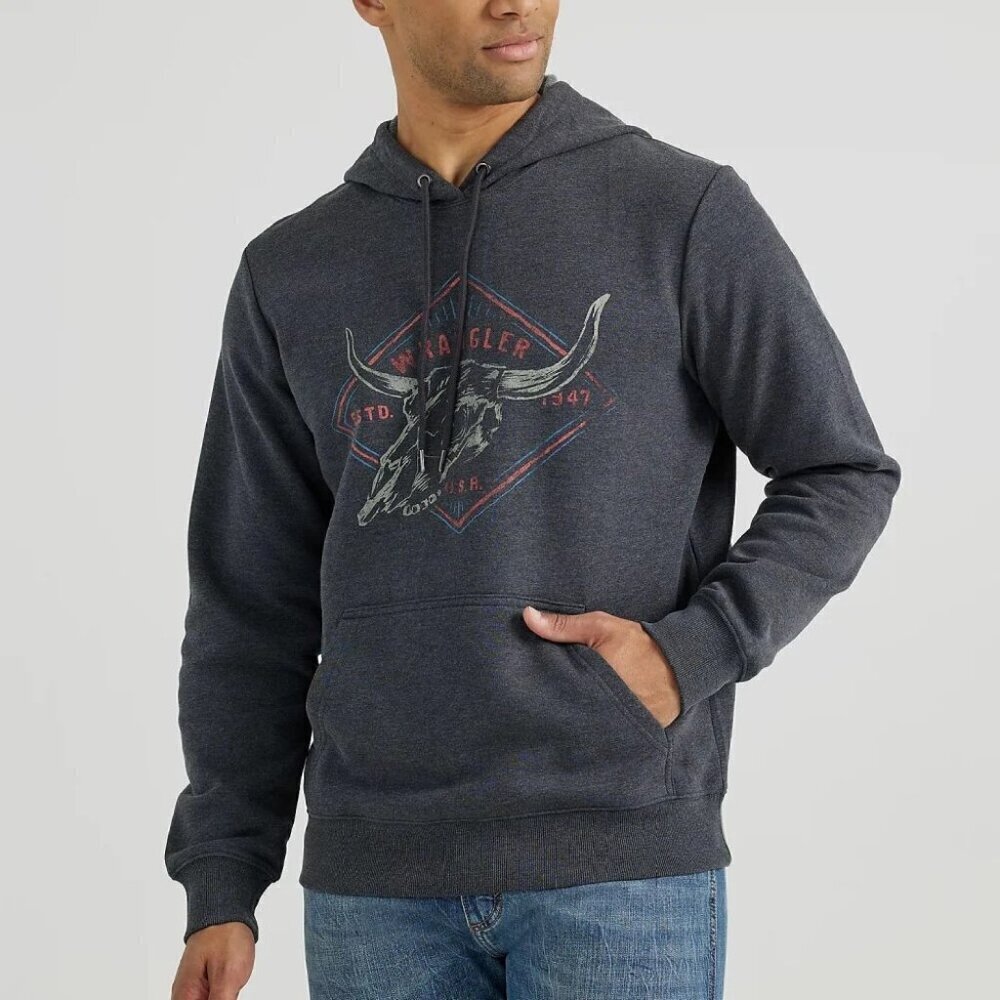 Wrangler Men's LG Long Sleeve Western Skull Graphic Hooded Pullover Sweatshirt W
